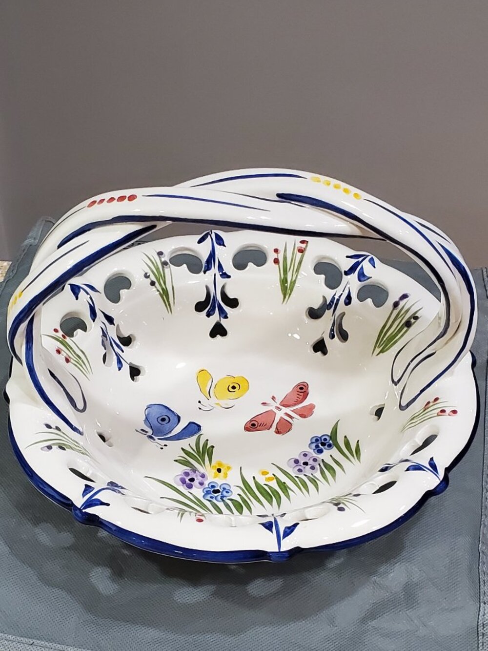 SALE! Hand Painted Ceramic crafted in Portugal braided handle Vintage! STUNNING!